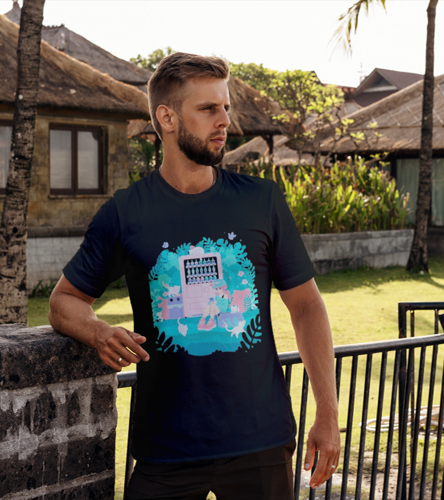 Cat Vending Machine Pastel Aesthetic With Sitting Girl And Cats T-Shirt