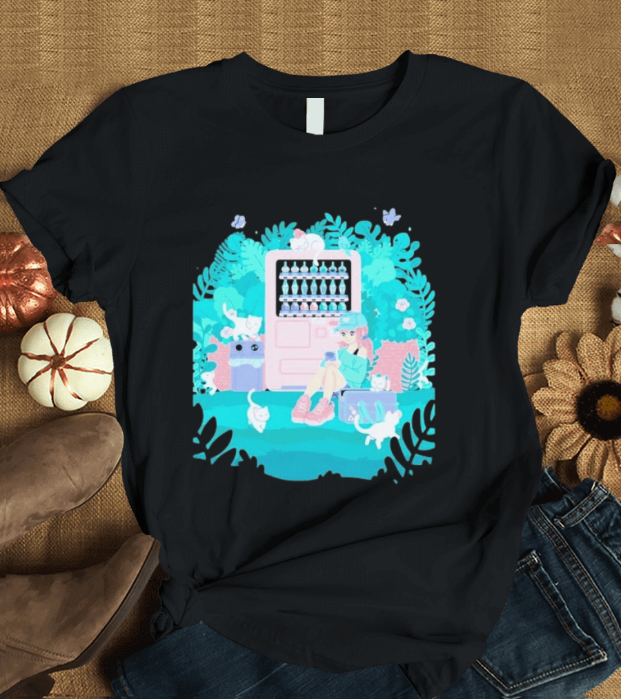 Cat Vending Machine Pastel Aesthetic With Sitting Girl And Cats T-Shirt