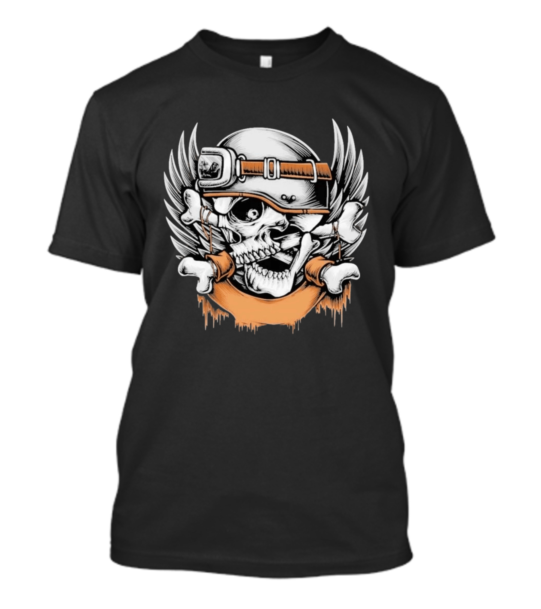 Skull With Helmet Winged Bones Biker Motif T-Shirt