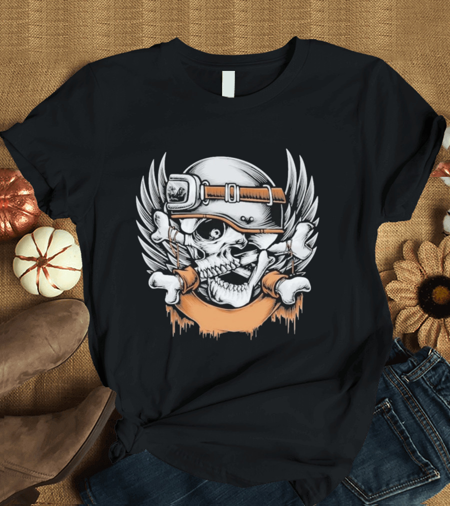 Skull With Helmet Winged Bones Biker Motif T-Shirt