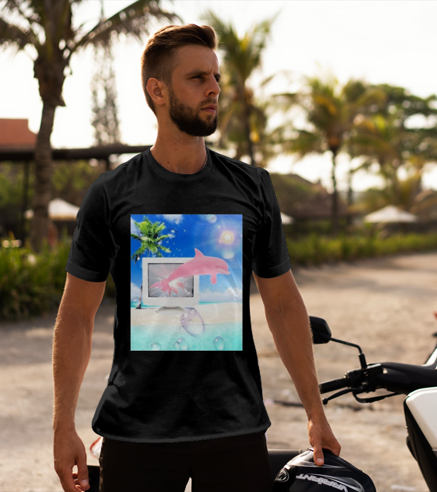Frutiger Aero Y2k Vaporwave Palm Tree Pink Dolphin Cyberpunk Aesthetic T-Shirt