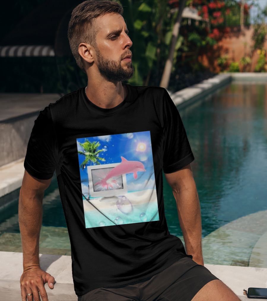 Frutiger Aero Y2k Vaporwave Palm Tree Pink Dolphin Cyberpunk Aesthetic T-Shirt