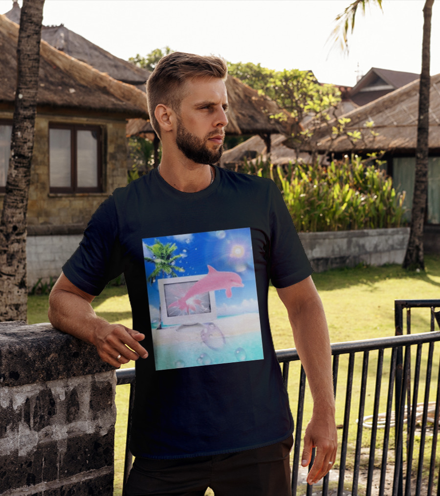 Frutiger Aero Y2k Vaporwave Palm Tree Pink Dolphin Cyberpunk Aesthetic T-Shirt