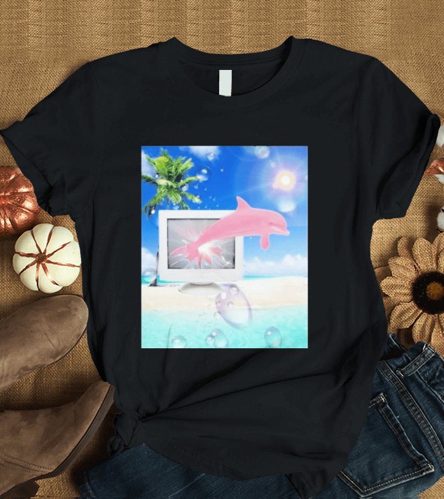Frutiger Aero Y2k Vaporwave Palm Tree Pink Dolphin Cyberpunk Aesthetic T-Shirt