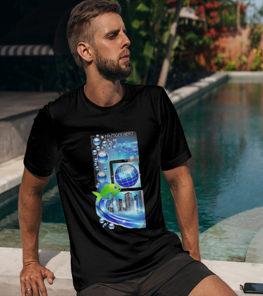 Frutiger Aero Y2K Global Tech Cityscape With Digital Fish And Blue T-Shirt