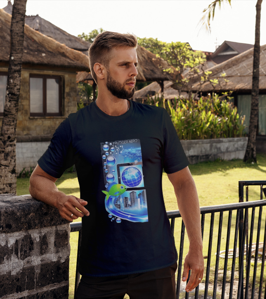 Frutiger Aero Y2K Global Tech Cityscape With Digital Fish And Blue T-Shirt