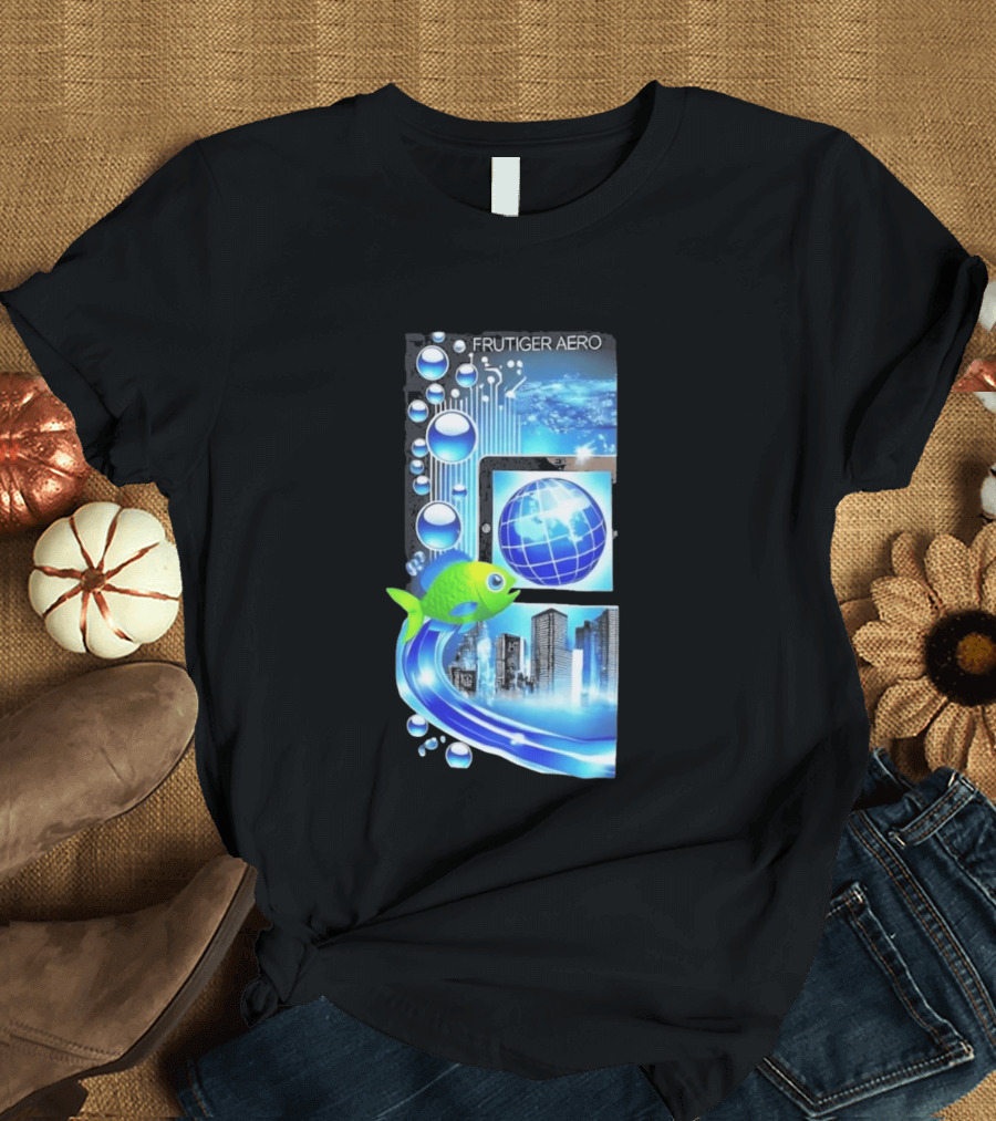 Frutiger Aero Y2K Global Tech Cityscape With Digital Fish And Blue T-Shirt