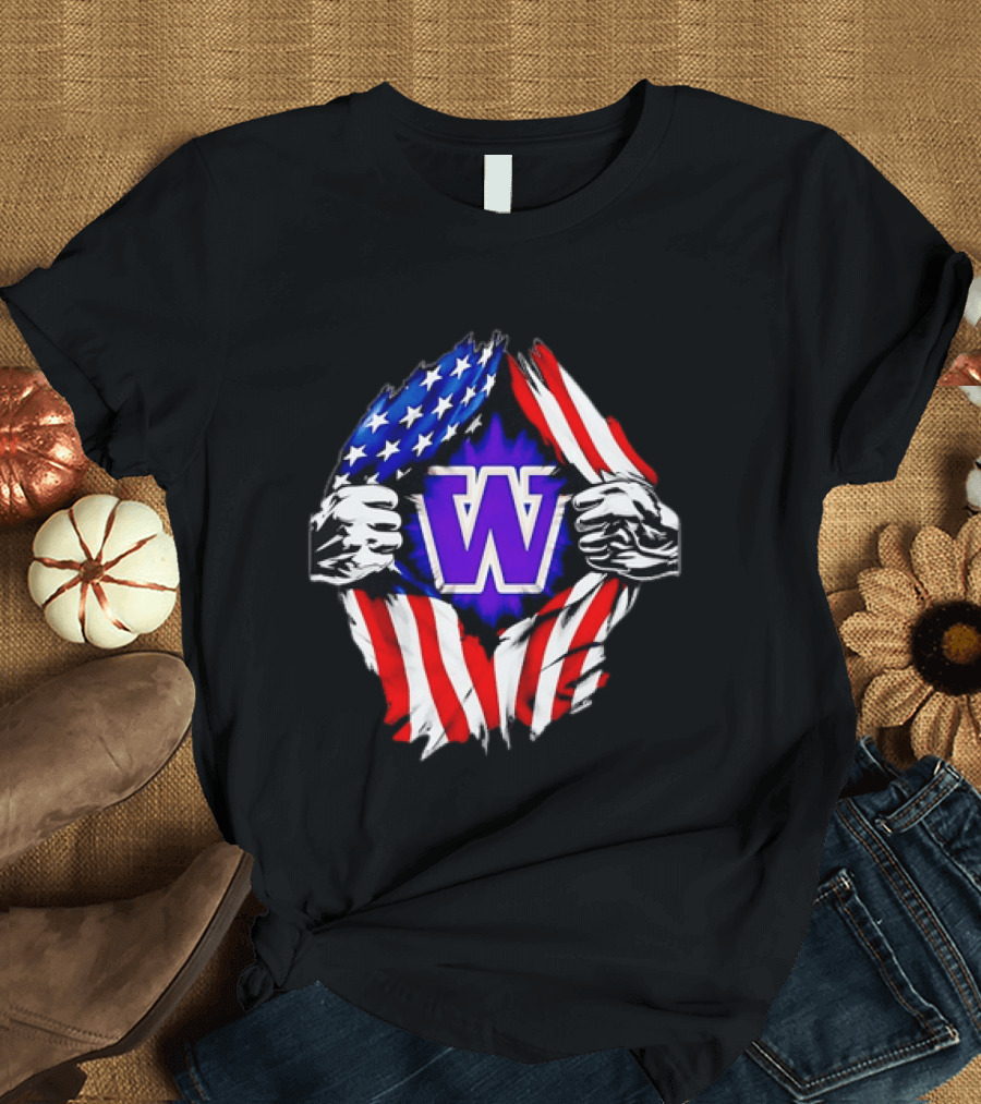 Washington Huskies W Logo American Flag Ripped Chest T-Shirt