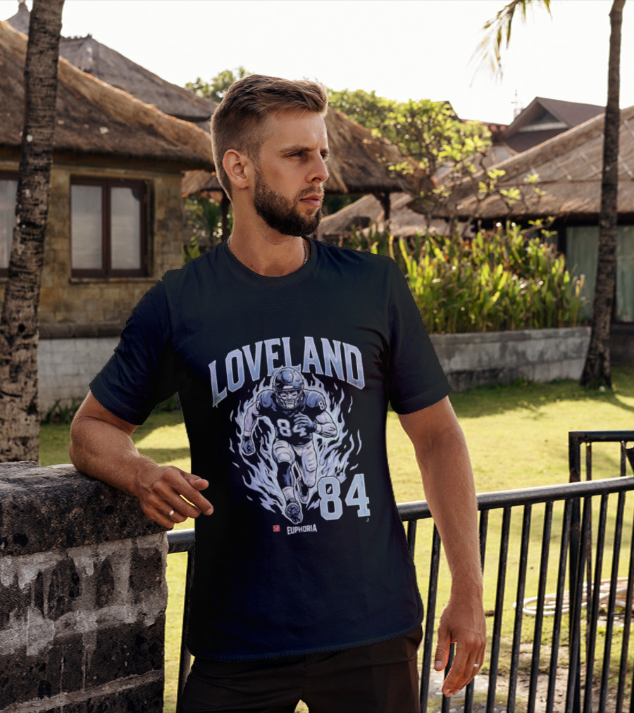 Loveland 84 Euphoria Football Player Blue Flames Athletic T-Shirt