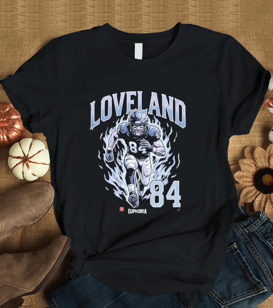 Loveland 84 Euphoria Football Player Blue Flames Athletic T-Shirt