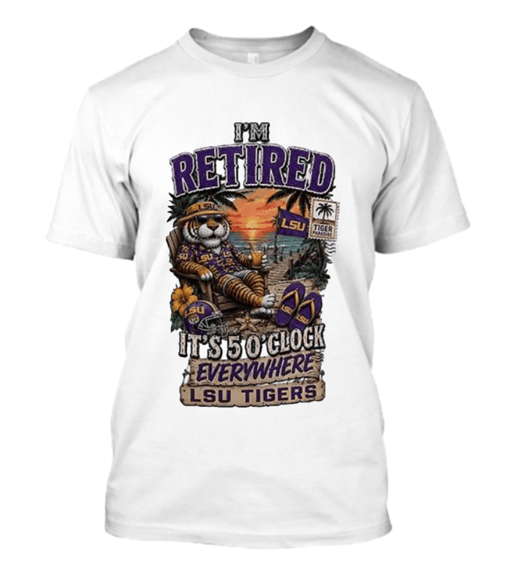 LSU Tigers I'm Retired It's 5 O' Everywhere Beach Relaxation With Palm Trees And Sunset T-Shirt