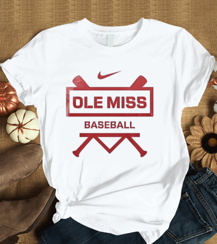 Ole Miss Baseball Nike Let's Go Rebell Crossed Bats T-Shirt