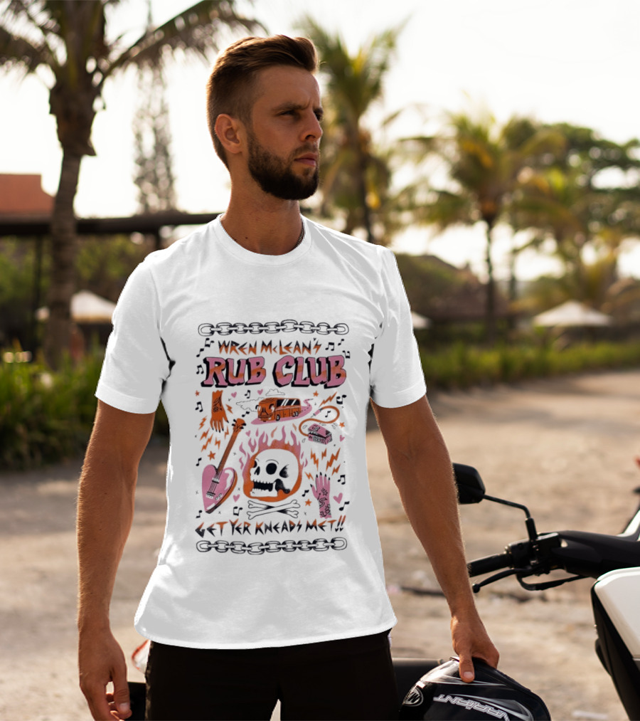 Wren Mcleans Rub Club Flaming Skull Heart Guitar Get Yr Kneads Met Tour Bus T-Shirt