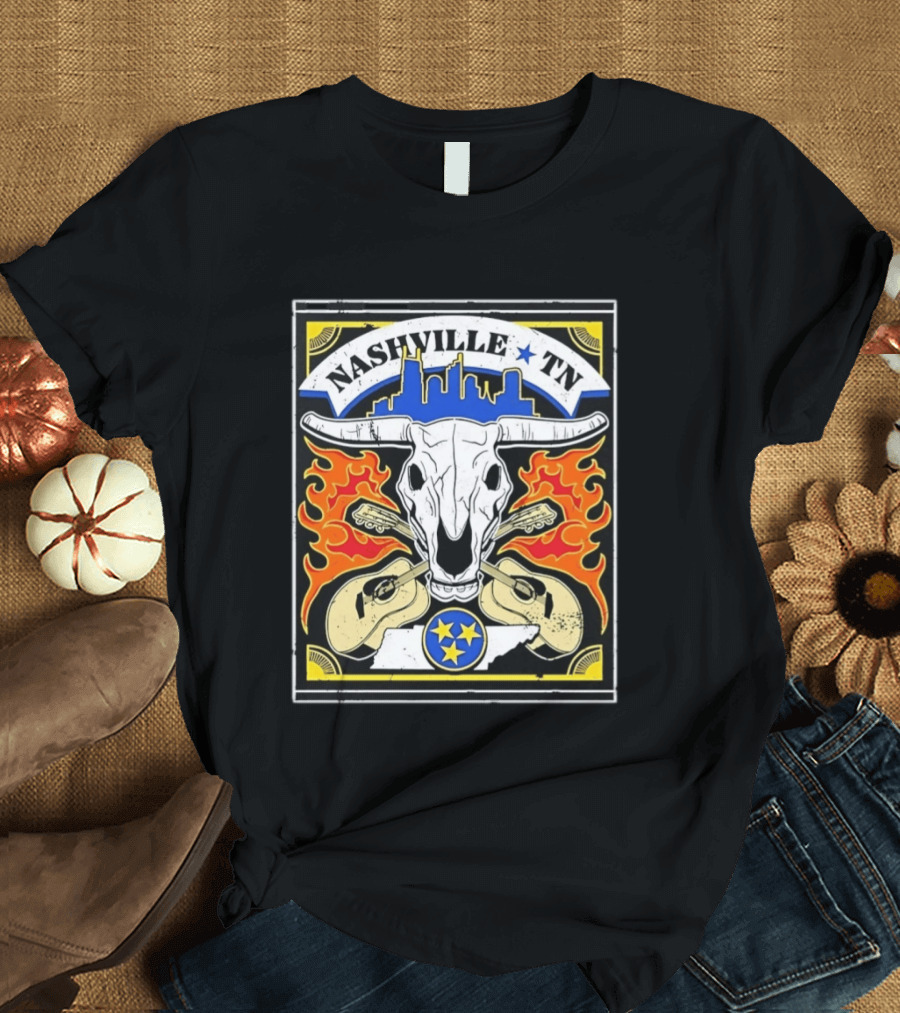 Nashville TN Cow Skull Guitars Flames Skyline Blue Star T-Shirt