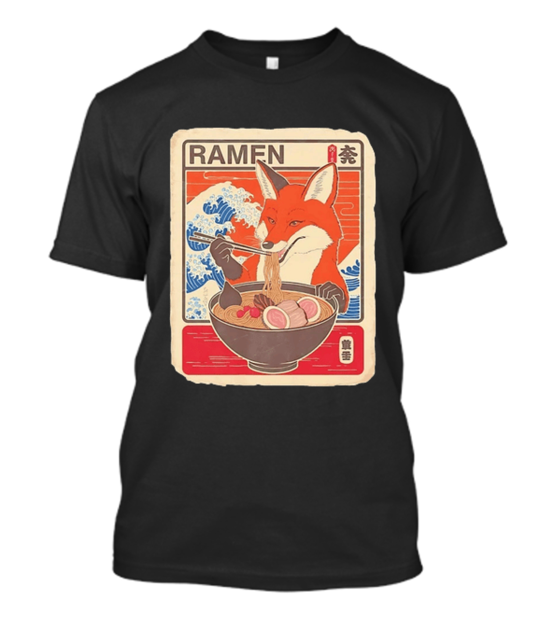 Fox Eating Ramen With Japanese Wave T-Shirt
