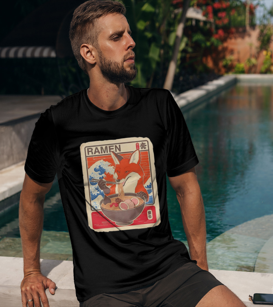 Fox Eating Ramen With Japanese Wave T-Shirt