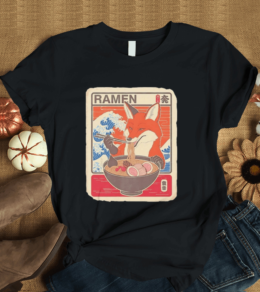 Fox Eating Ramen With Japanese Wave T-Shirt