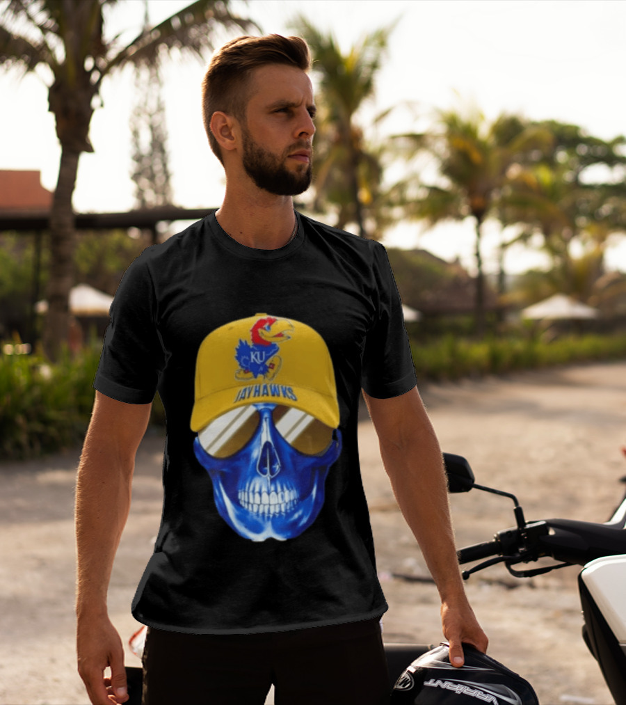 Kansas Jayhawks Skull Cap Fans Wear KU Jayhawks Edition T-Shirt