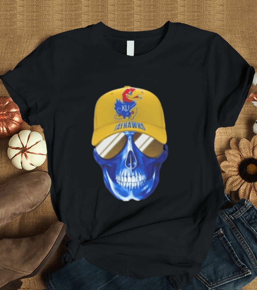 Kansas Jayhawks Skull Cap Fans Wear KU Jayhawks Edition T-Shirt