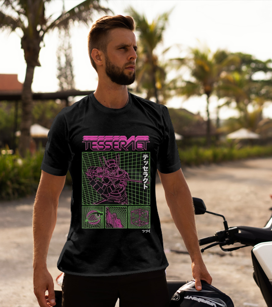 TesseracT Samurai Synthwave Cyberpunk Japanese Text Retro Neon Aesthetic T-Shirt
