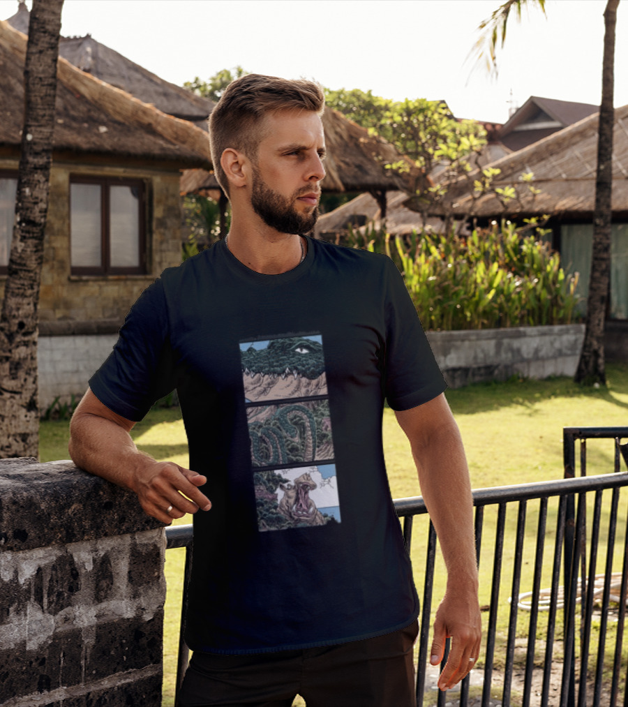 The Longest Johns Store Ends Of The Earth UK Tour Black Crocodile And Dinosaur Comic Strip T-Shirt
