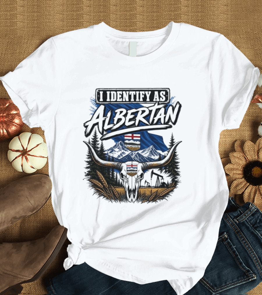 I Identify As Albertan Alberta Flag Longhorn Skull Wheat Forest Scene T-Shirt