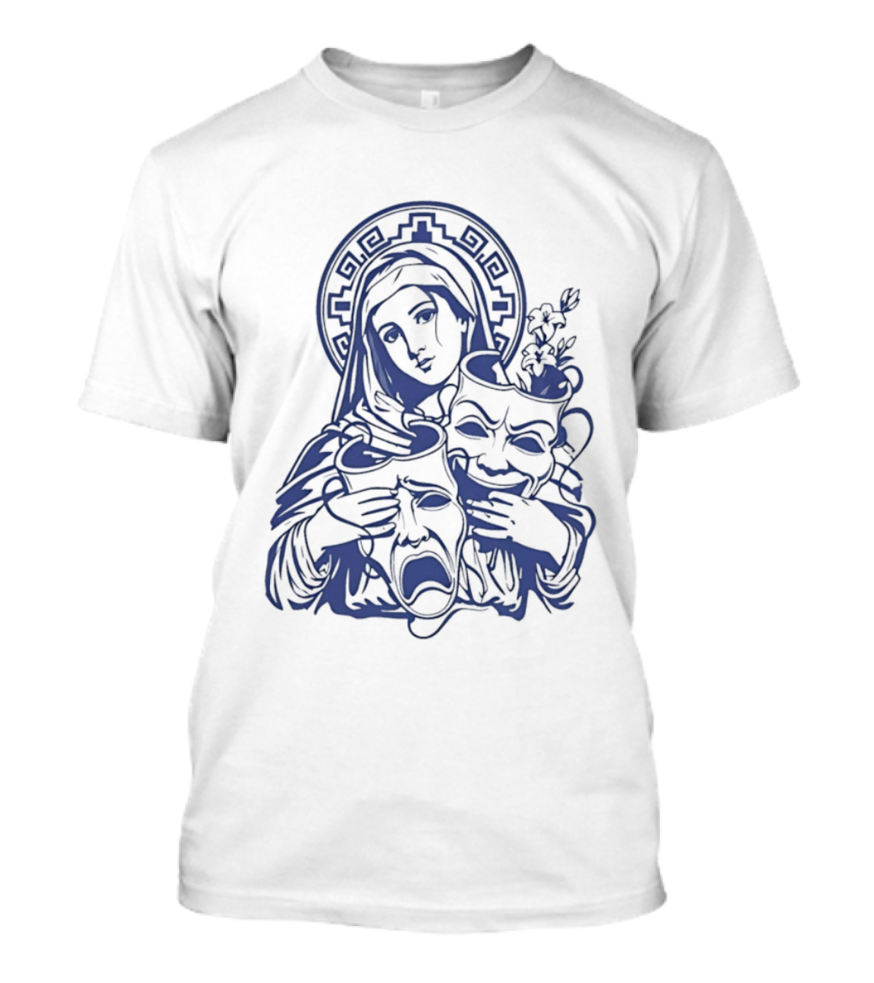 Virgin Mary Pray For Us Cry Now Laugh Later Drama Mask Tattoo T-Shirt