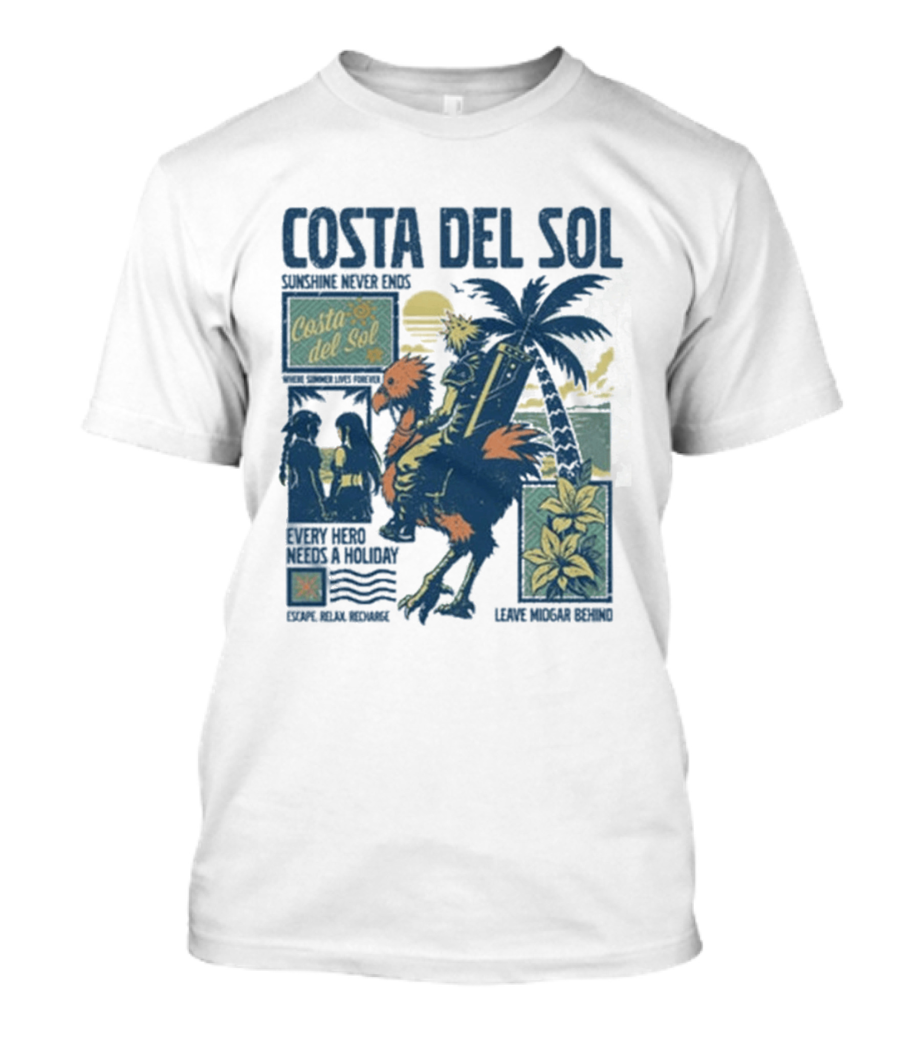 Costa Del Sol Final Fantasy Chocobo Beach Scene Palm Trees T-Shirt