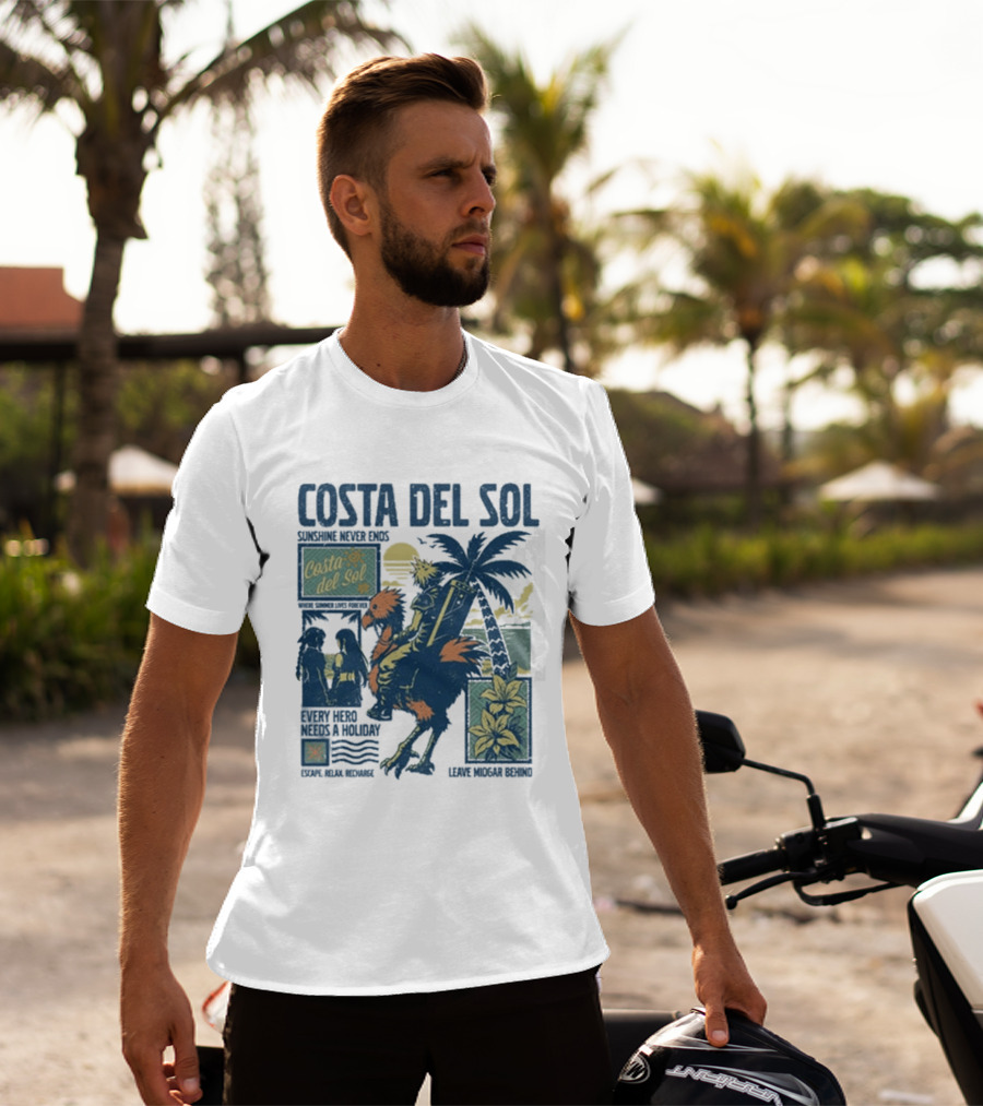 Costa Del Sol Final Fantasy Chocobo Beach Scene Palm Trees T-Shirt