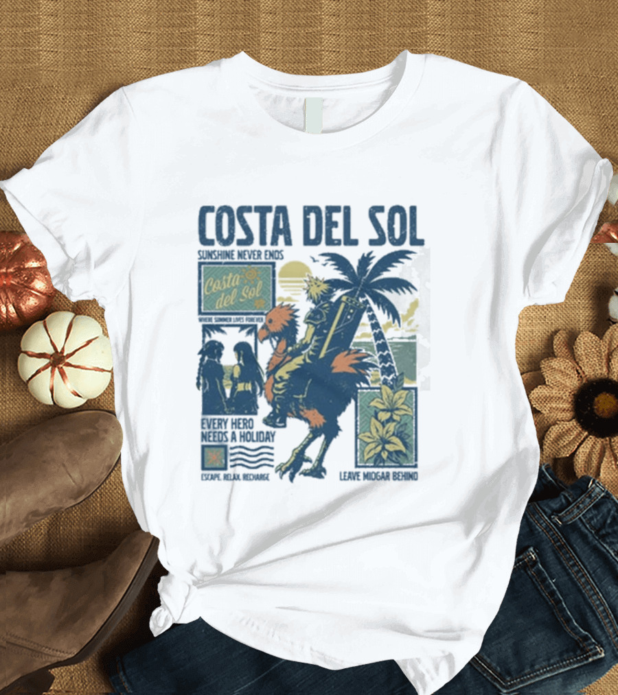 Costa Del Sol Final Fantasy Chocobo Beach Scene Palm Trees T-Shirt