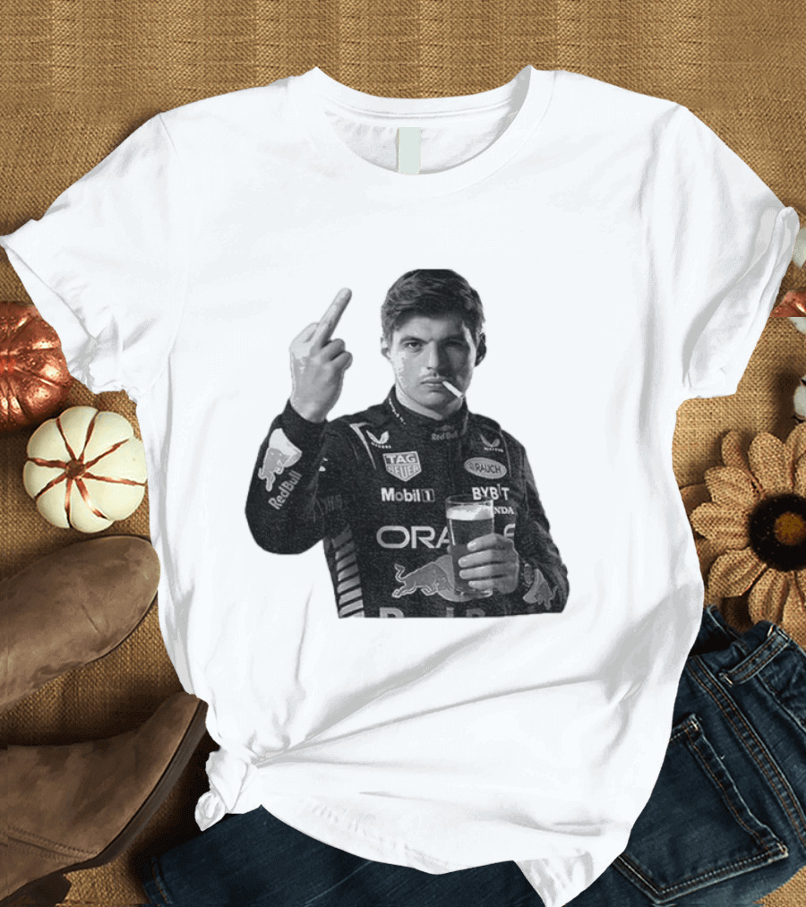 Max Verstappen Red Bull Racing Smoking Beer Middle Finger T-Shirt
