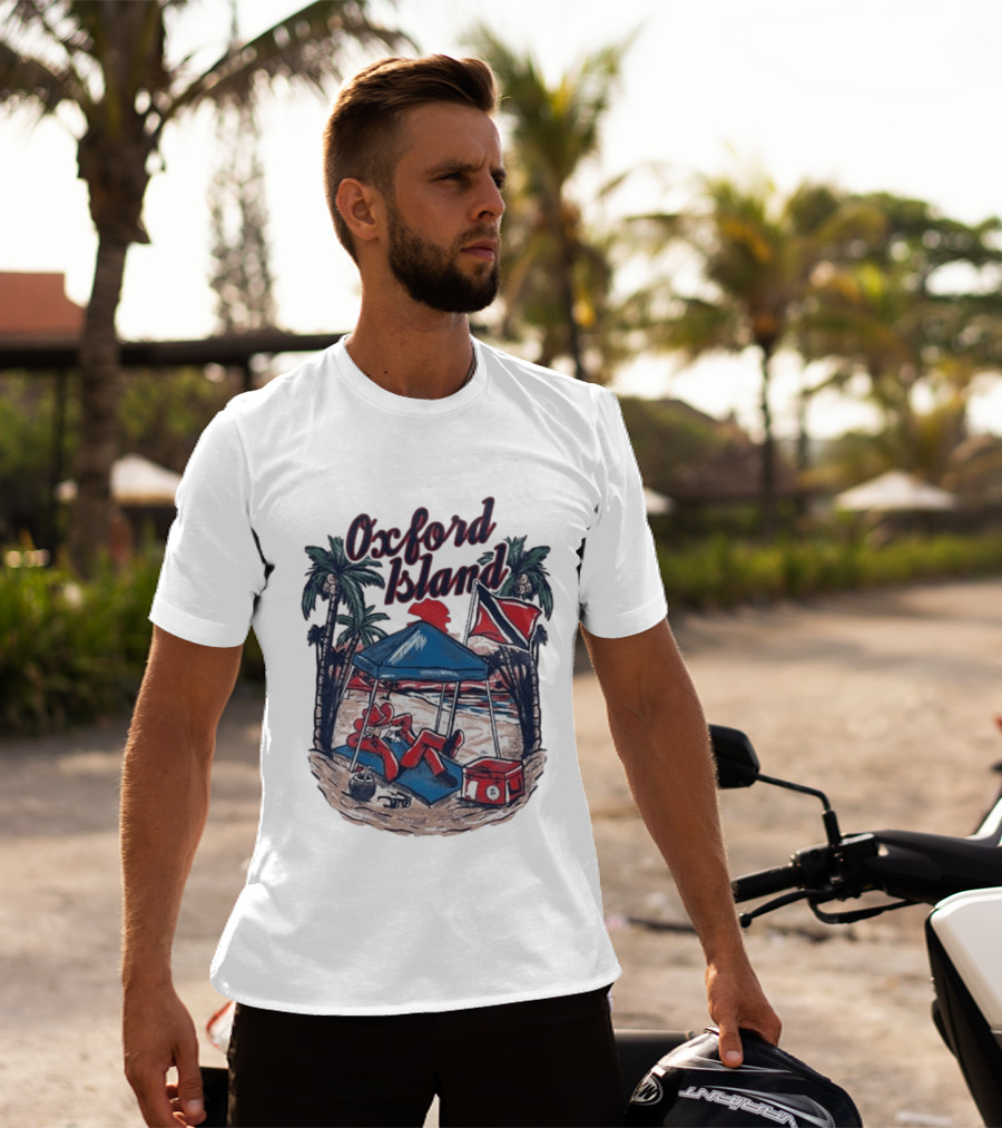 Oxford Island Beach Scene Palm Trees Camping Holiday Relaxation T-Shirt