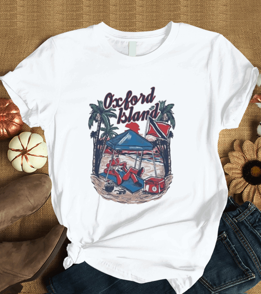 Oxford Island Beach Scene Palm Trees Camping Holiday Relaxation T-Shirt