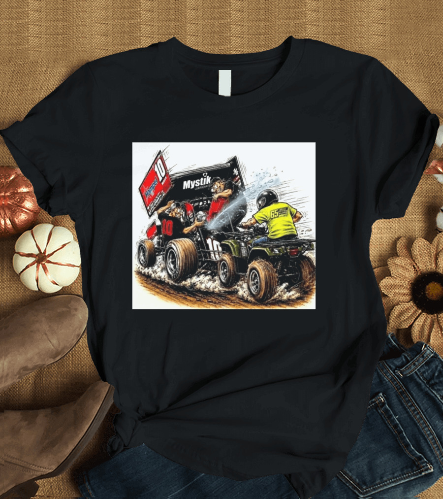 ATV Racing Action With Mystik Lubricants Dirt Track Riders Off Road Racing Vehicles And Hampel 65 Speed Shop T-Shirt