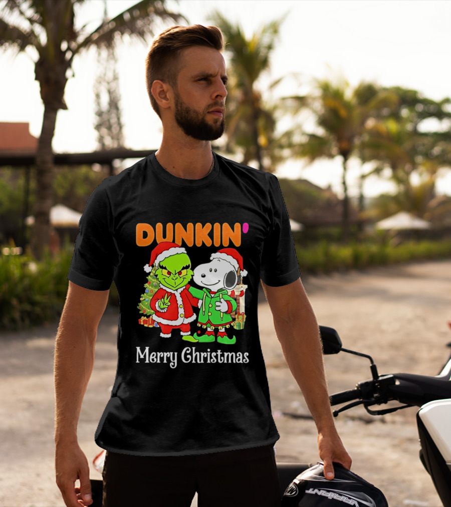 Dunkin Merry Christmas Grinch Snoopy Santas T-Shirt