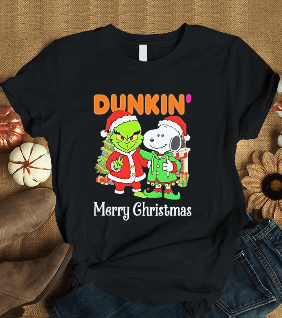 Dunkin Merry Christmas Grinch Snoopy Santas T-Shirt