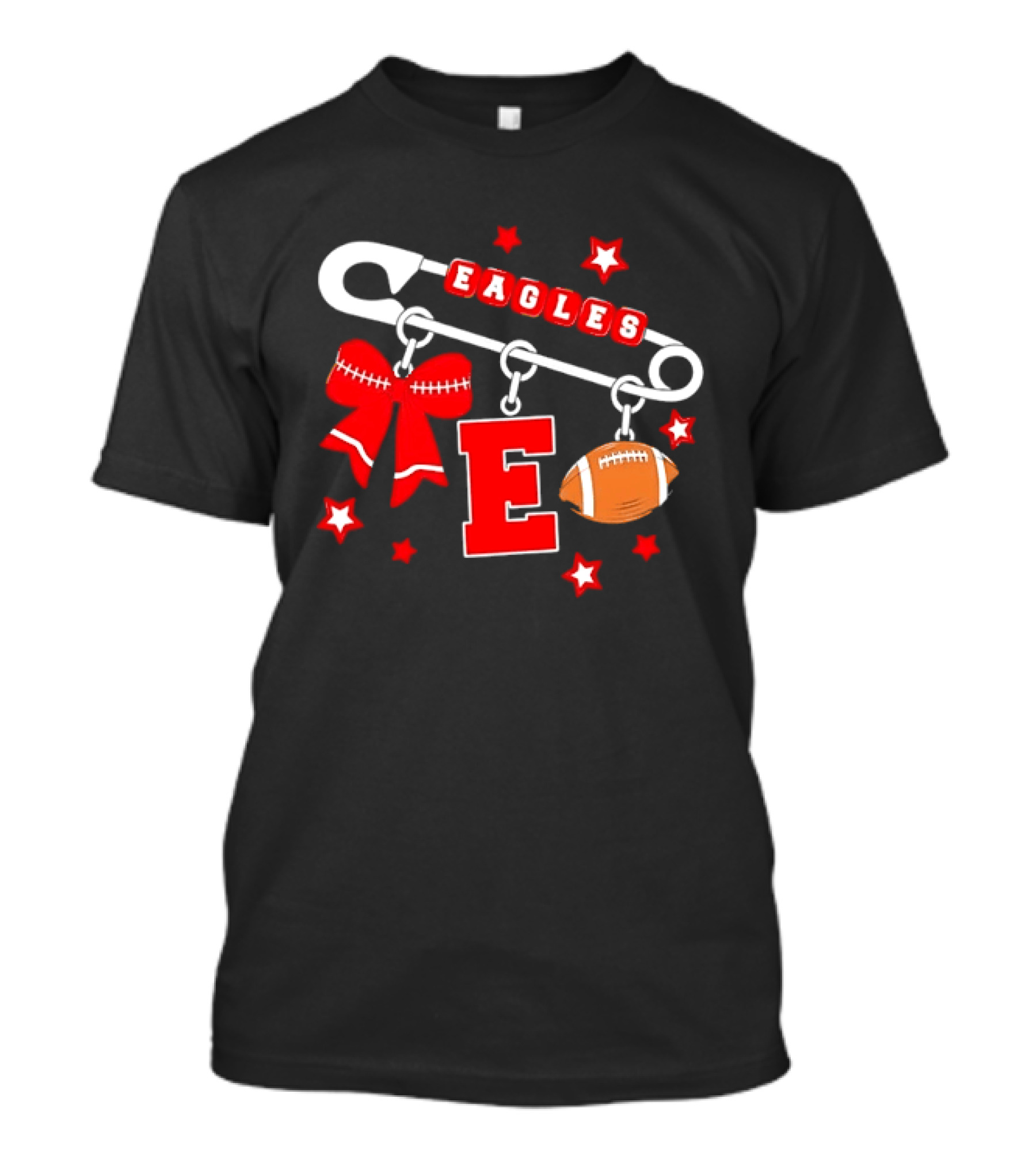 Eagles Safety Pin Charm Football Bow Letter E Stars T-Shirt