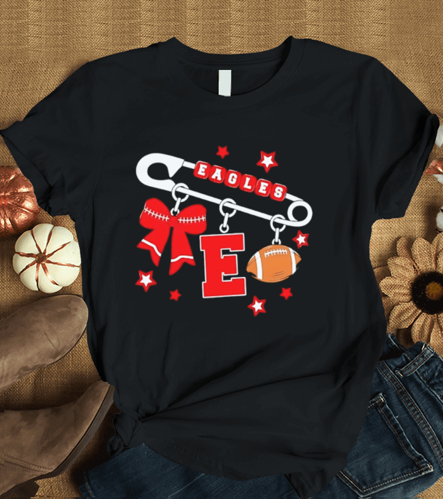 Eagles Safety Pin Charm Football Bow Letter E Stars T-Shirt