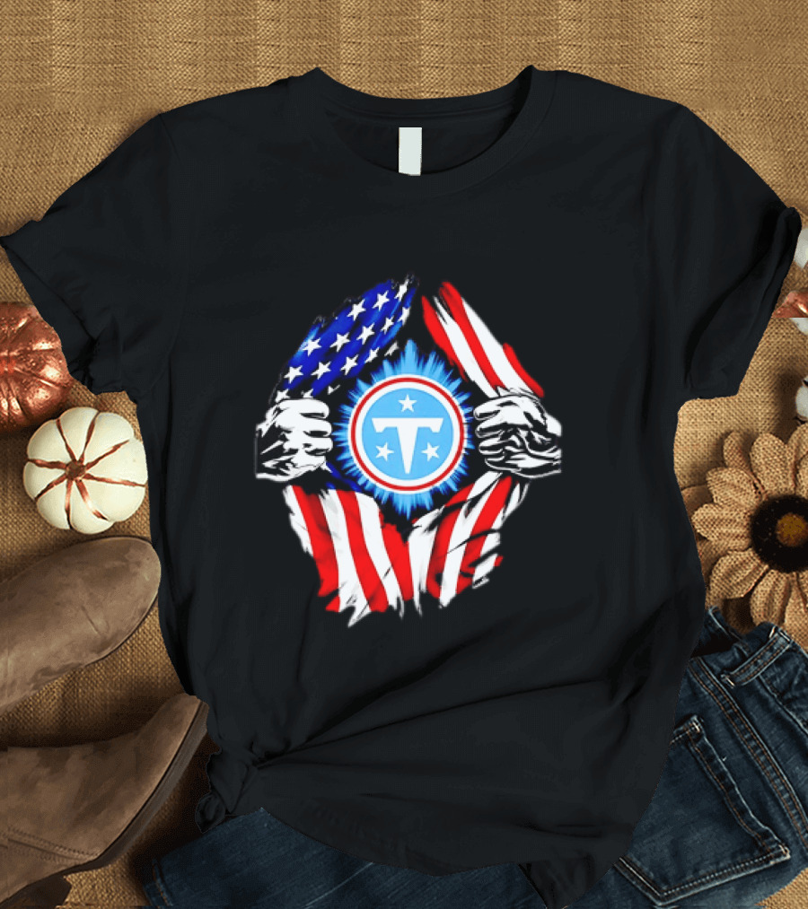 Tennessee Titans American Flag Ripped Chest USA Football Fan T-Shirt