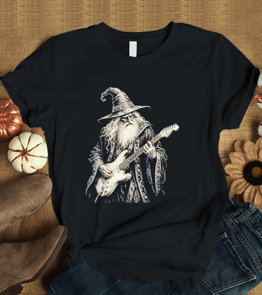 Wizard Playing Electric Guitar Fantasy Musician Magical Rock Legend T-Shirt
