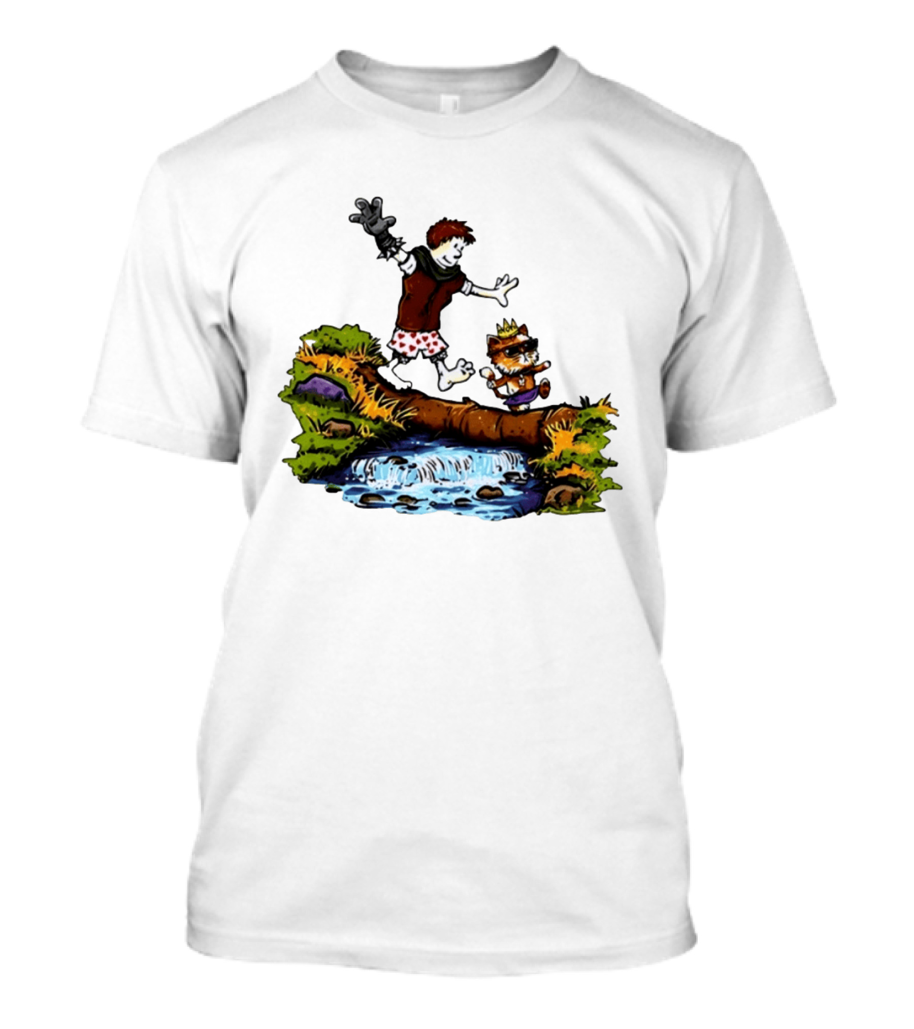 Boy And Crowned Cat Balancing On Log Over Stream T-Shirt