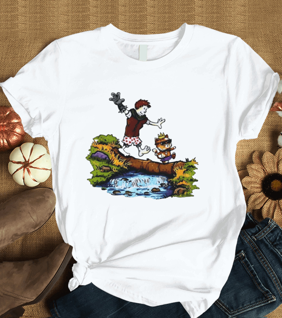 Boy And Crowned Cat Balancing On Log Over Stream T-Shirt