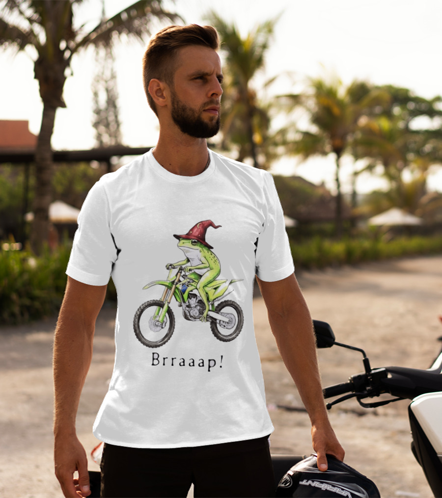 Brraaap Wizard Frog On Green Motocross Bike T-Shirt