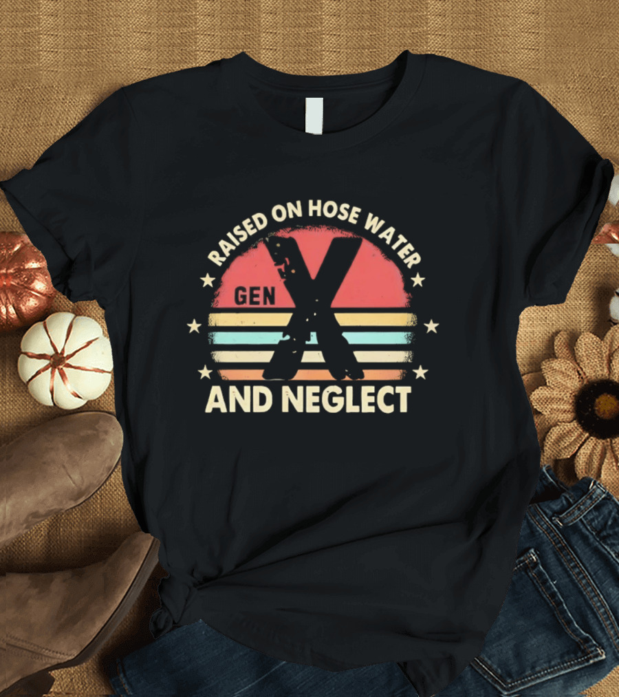 Gen X Raised On Hose Water And Neglect Vintage 70s Style Retro Stripes T-Shirt