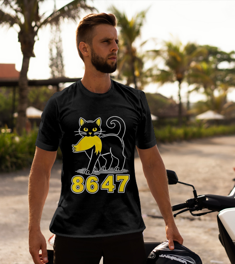 Black Cat 8647 Feline With Yellow Mustache T-Shirt