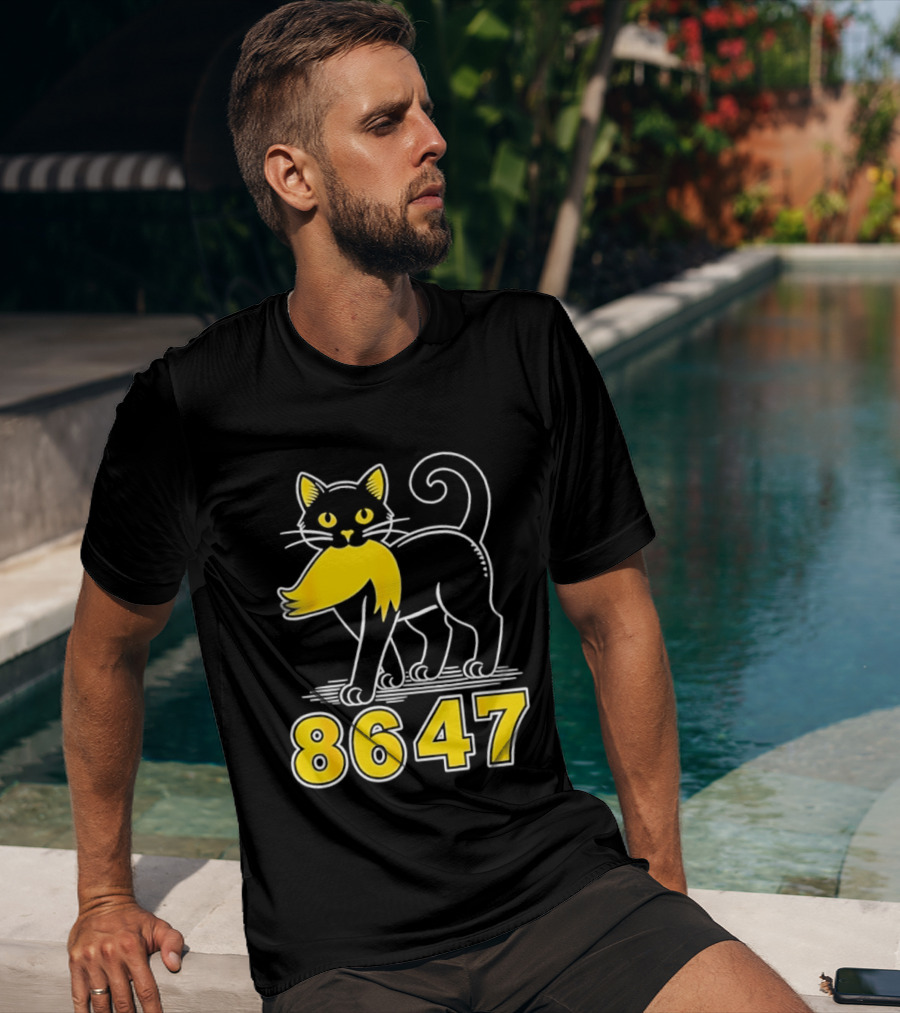 Black Cat 8647 Feline With Yellow Mustache T-Shirt