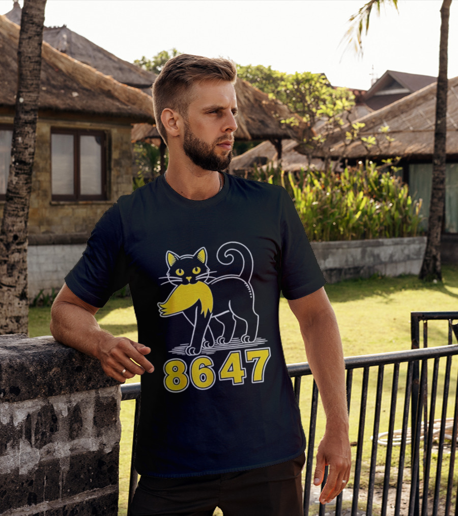 Black Cat 8647 Feline With Yellow Mustache T-Shirt