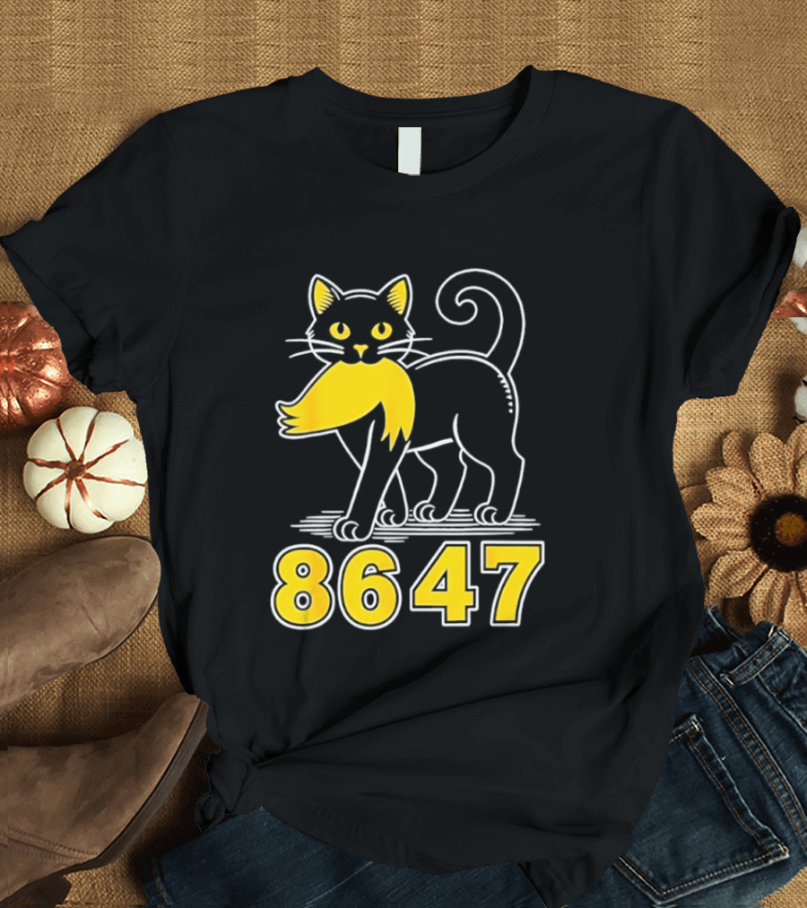 Black Cat 8647 Feline With Yellow Mustache T-Shirt