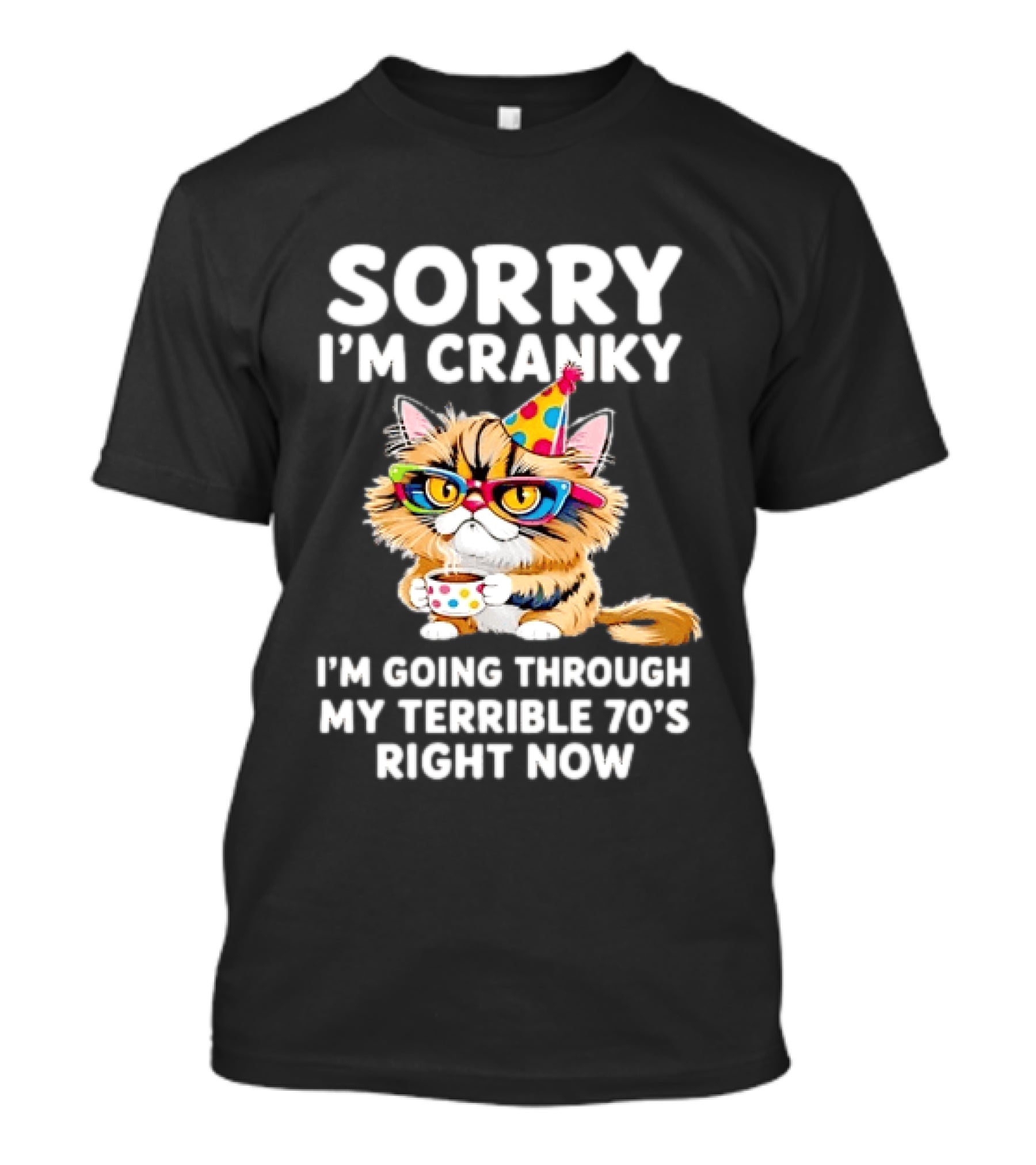 Sorry I'm Cranky Cat Going Through My Terrible 70s Right Now Coffee Party Hat T-Shirt