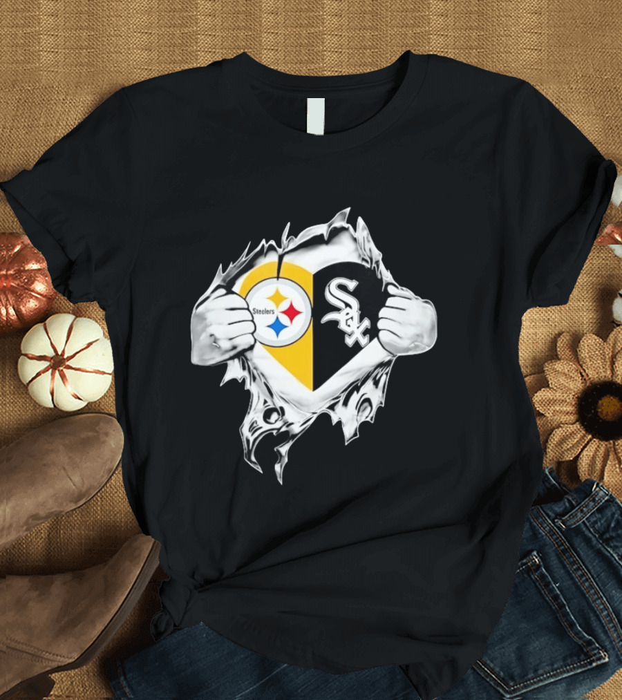 Pittsburgh Steelers Chicago White Sox Heart Superman Chest Rip T-Shirt